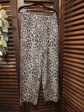 Leopard Print Wide Leg Pants - Neutral Tones